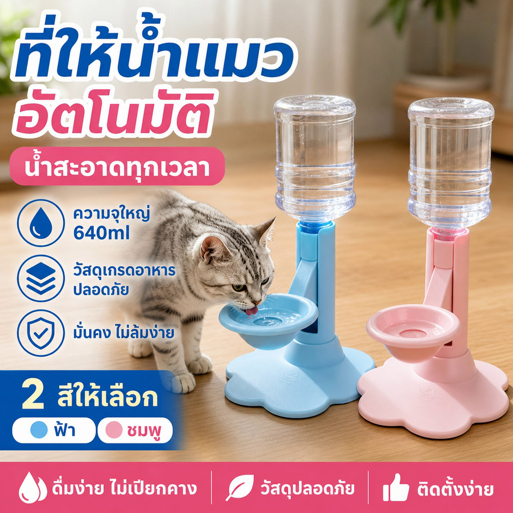 ที่ให้น้ำแมวอัตโนมัติ ปรับระดับความสูงได้ ขวดน้ำ 640ml ฐานรูปดอกไม้กันล้ม วัสดุเกรดอาหาร ถอดล้างง่าย ป้องกันเปียกคาง