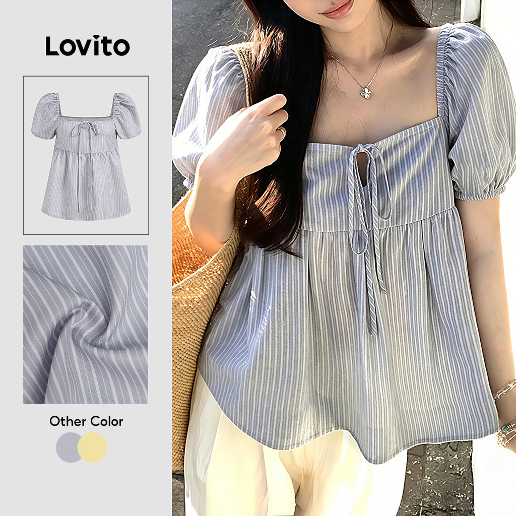 (New Arrival) Lovito เสื้อเบลาส์ลําลองสีฟ้าเรียบง่ายฤดูใบไม้ผลิ/ฤดูร้อนสําหรับผู้หญิง เกาหลี อินเทรนด์ เสื้อฟ้าแฟชั่น L197AD1044