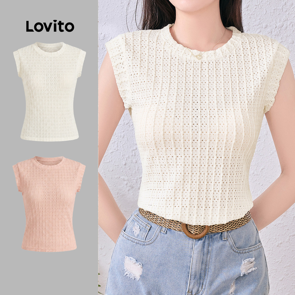 Lovito แคชชวล เสื้อยืดคอกลมลายจิคการ์ดแบบสบายๆ สีบล็อค สำหรับฤดูใบไม้ผลิ/ฤดูร้อน สีแอปริคอท L137ED622