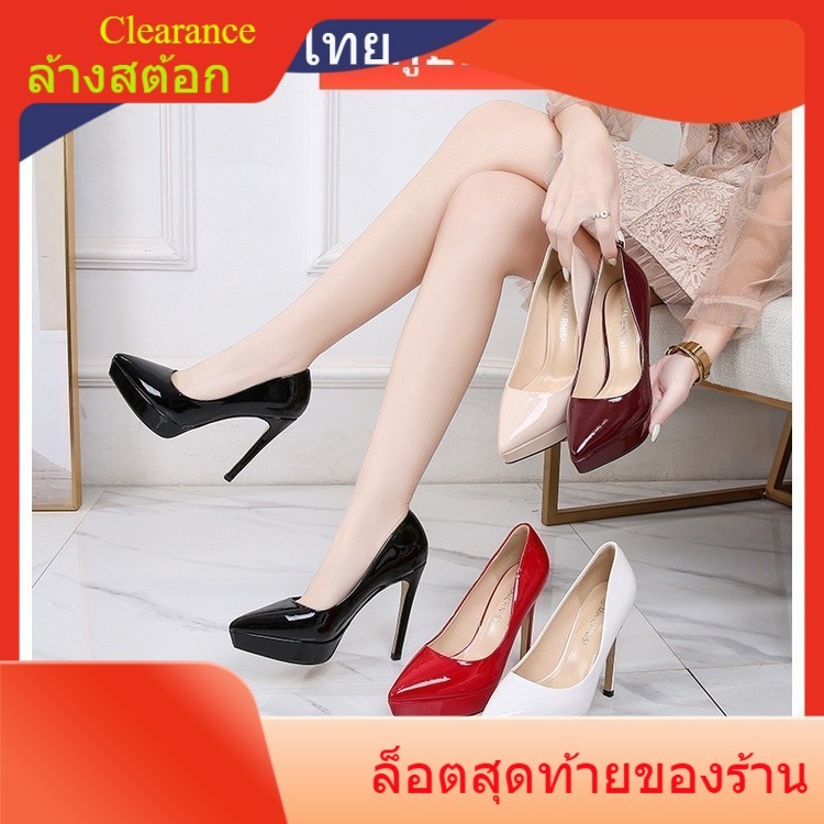 รองเท้าคัชชูทำงาน ส้นสูง 5 นิ้ว เสริมหน้า 1 นิ้ว หนังแก้วpvc รหัส 1315 พร้อมส่ง