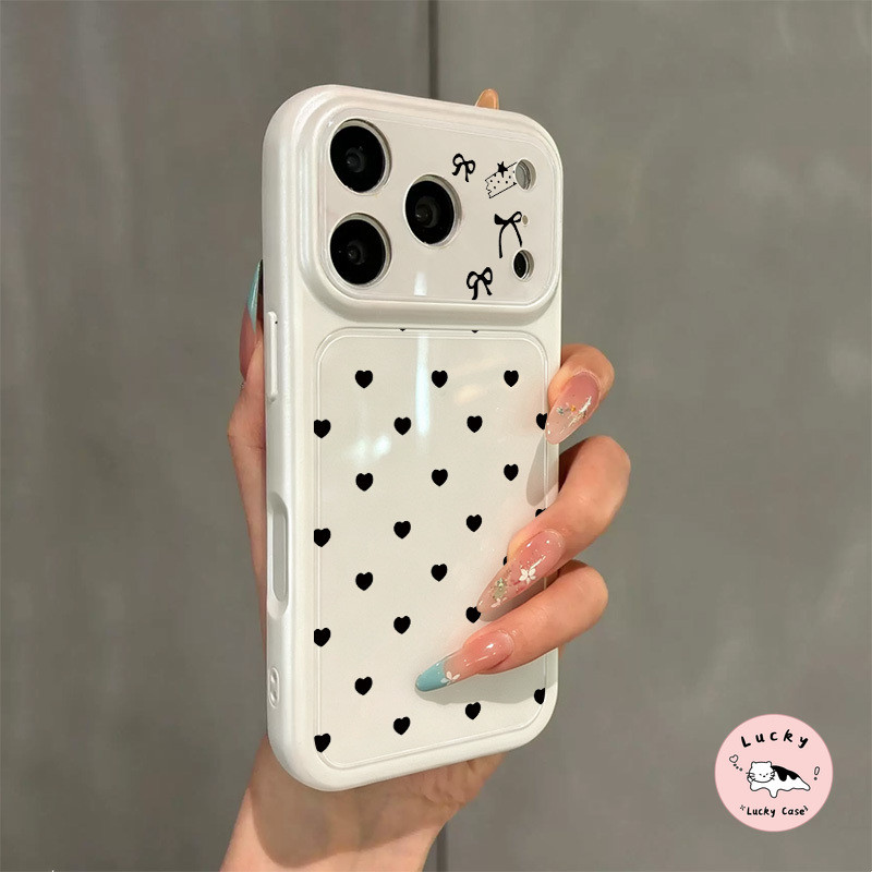สำหรับ iPhone 17 14 12 16 15 18 13 11 Pro 11 13 14 16 17 Pro Max เคสหน้าต่างใหญ่ ลายหัวใจและโบว์ สไตล์เรียบง่าย