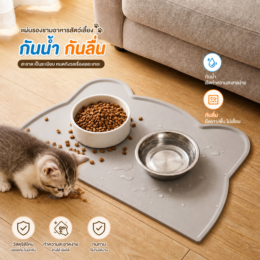 แผ่นรองอาหารแมว กันน้ำ กันลื่น ขนาดใหญ่ แผ่นรองอาหารสัตว์เลี้ยง Large Waterproof Non-Slip Cat Food Mat