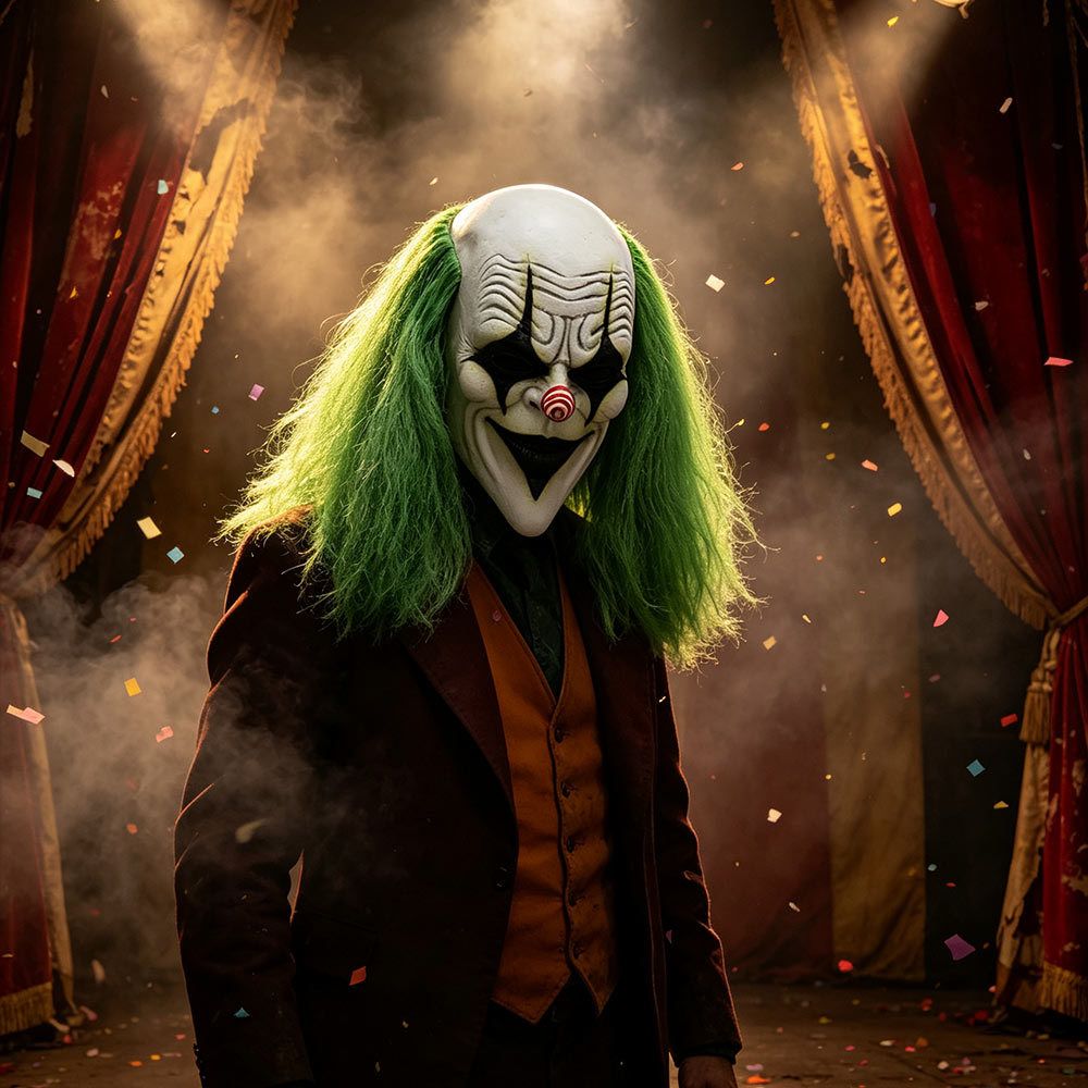 Horror Jester Clown Mask with Green Wig - Halloween Party Costume Prop