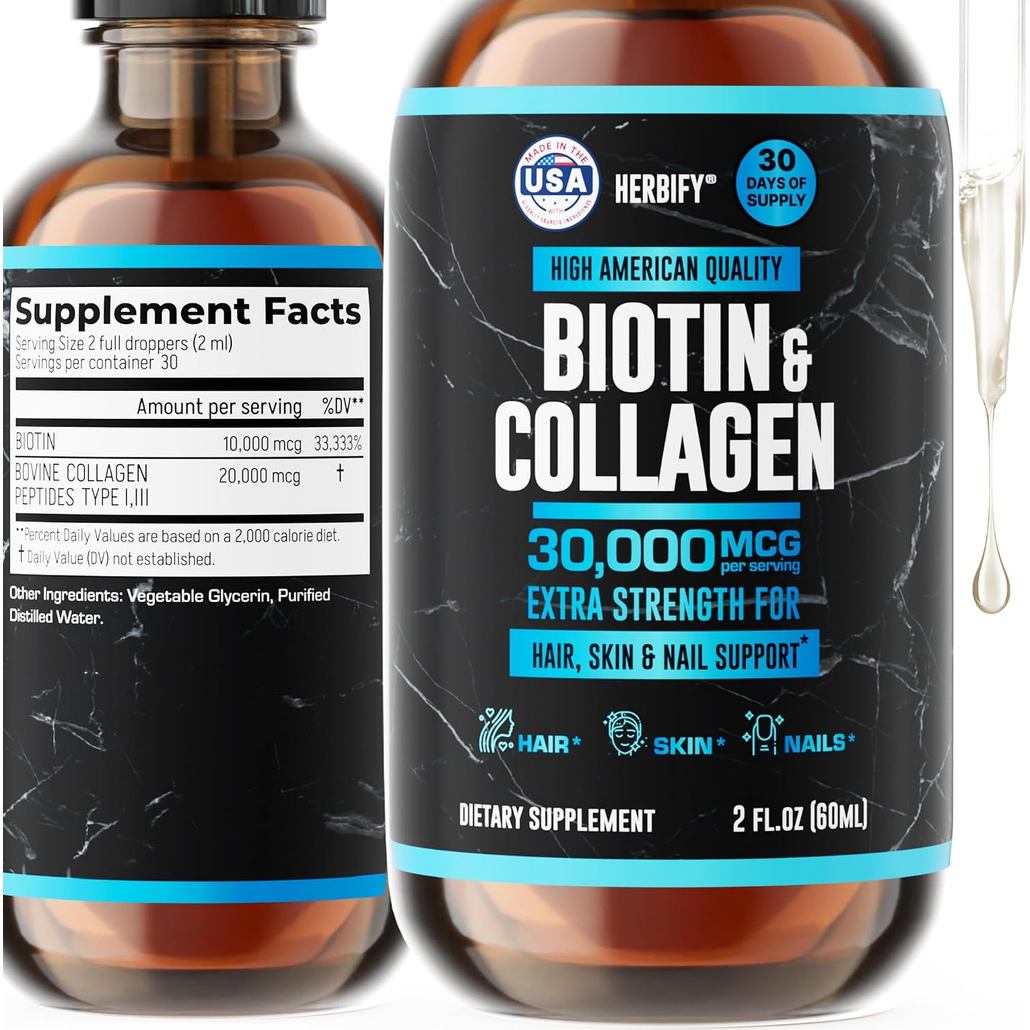 HERBIFY Liquid Biotin and Collagen Drops for Women & Men, 30 Days of Supply - Support Hair, Skin & N