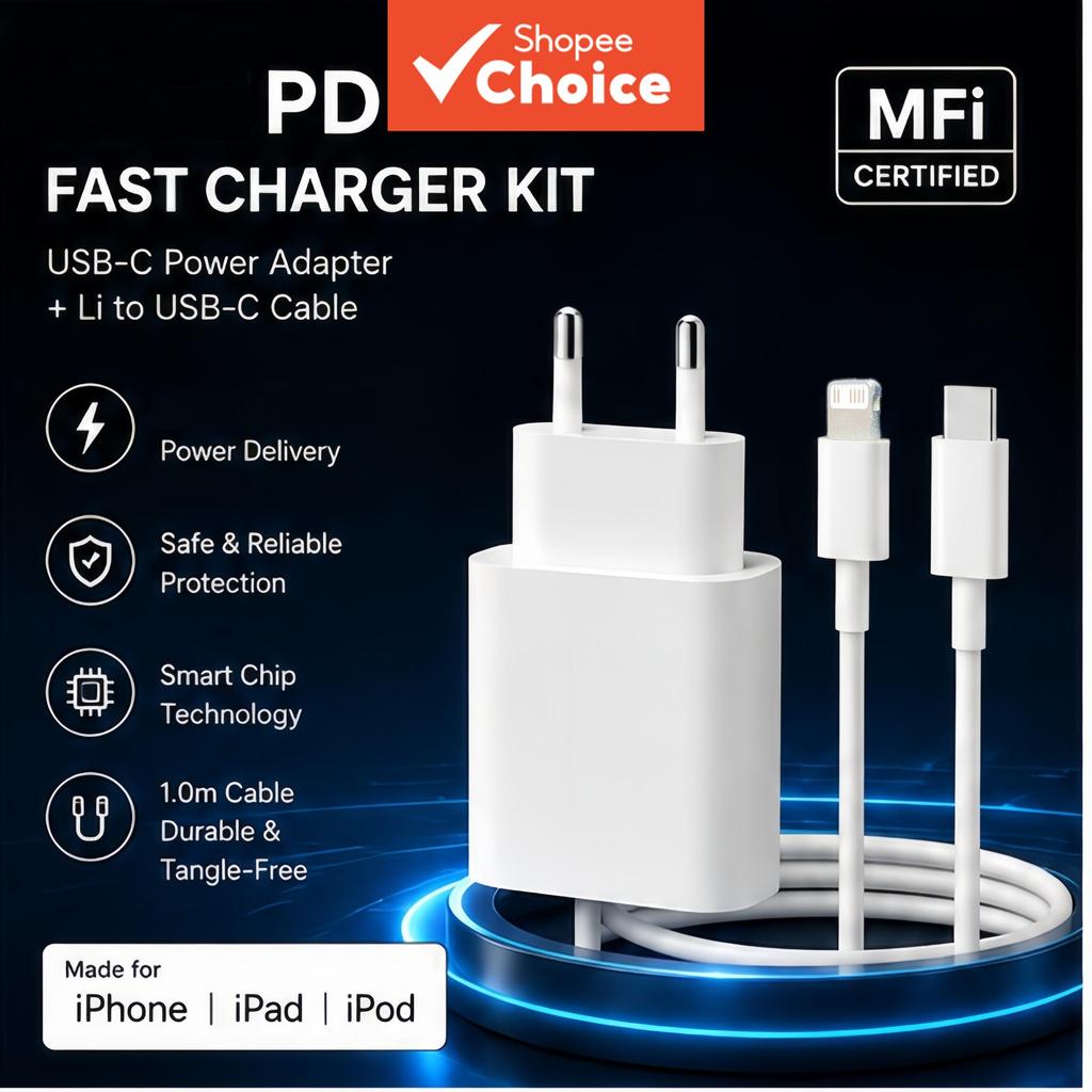 หัวชาร์จทรงพลัง PD 20W มาตรฐานยุโรป มาพร้อมสายชาร์จอัจฉริยะรองรับ MFi Type-C สําหรับ iPhone 7-14 Pro Max