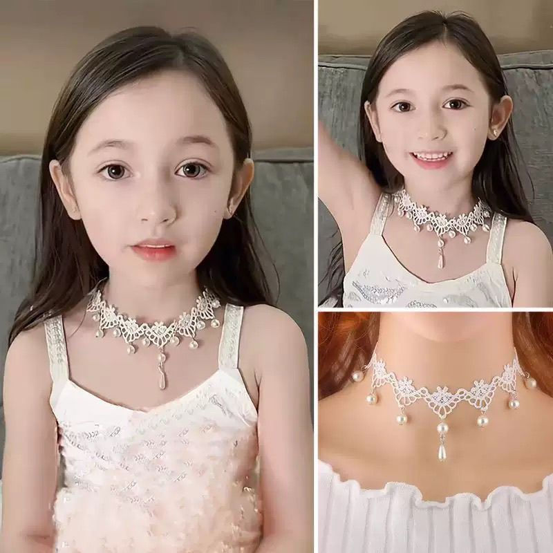 ปลอกคอเด็ก 3yy เครื่องประดับสร้อยคอเจ้าหญิง Pearl Classy Neck Circle choker Lace White พร้อมสร้อยคอ