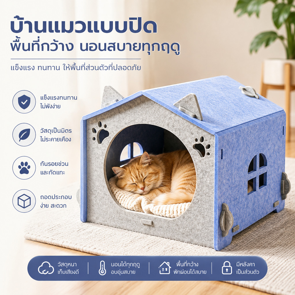 บ้านแมวแบบปิด ที่นอนแมวสี่ฤดู หนาพิเศษ ทนทาน พื้นที่กว้าง มีหลังคา สำหรับพักผ่อน หลบซ่อน เป็นส่วนตัว