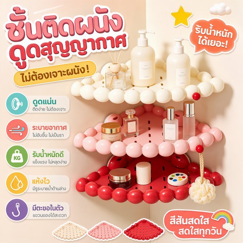 ชั้นวางของแบบตัวดูดสูญญากาศ รูปสามเหลี่ยม แบบเข้ามุมติดผนัง ไม่ต้องเจาะ ที่วางของในห้องน้ำ ชั้นใส่ของ รับน้ำหนักได้มาก