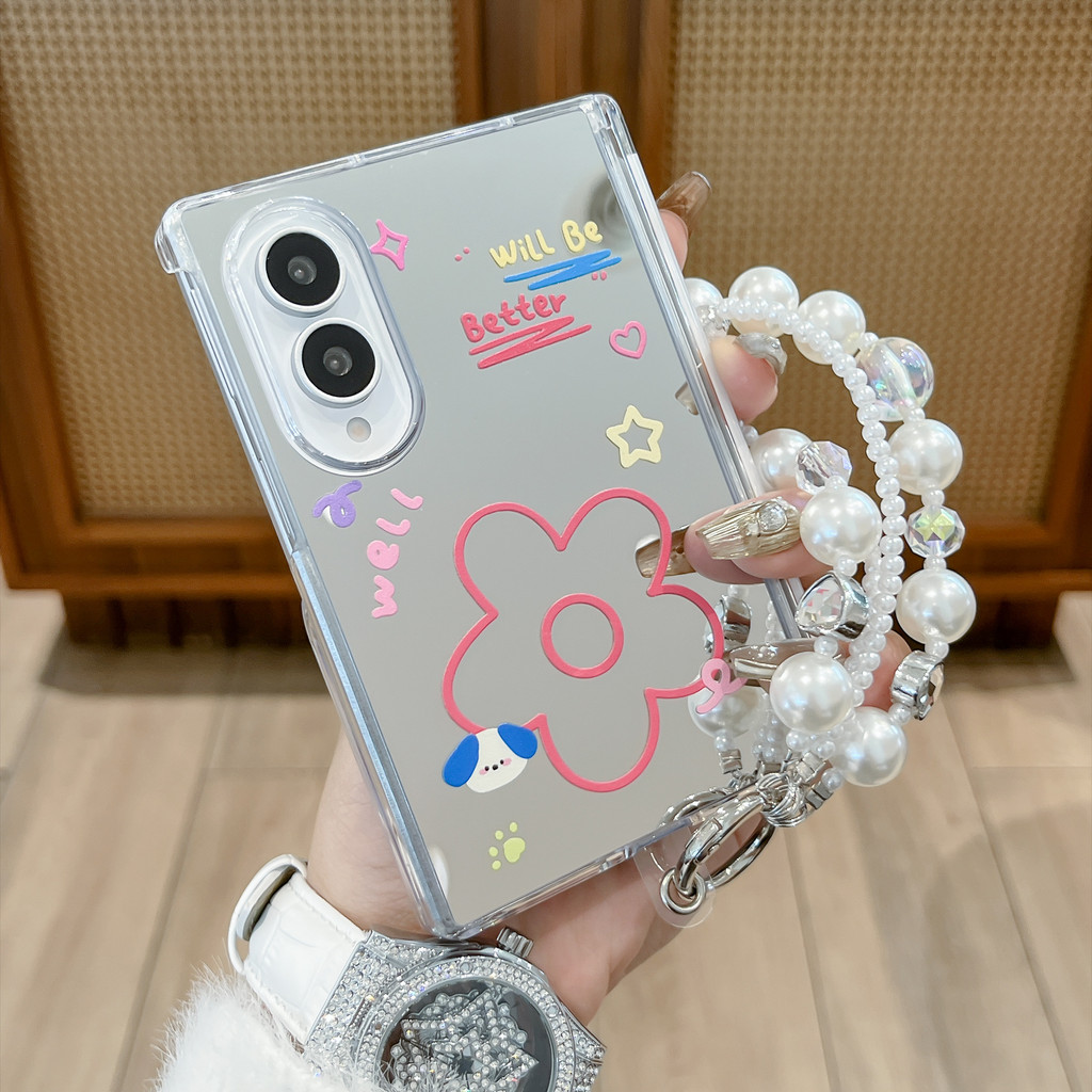 การ์ตูนดอกไม้แต่งหน้ากระจกสร้อยข้อมือลูกปัดเคสโทรศัพท์สําหรับ Samsung Galaxy Z Fold8 Ultra กันกระแทกฝาครอบป้องกัน
