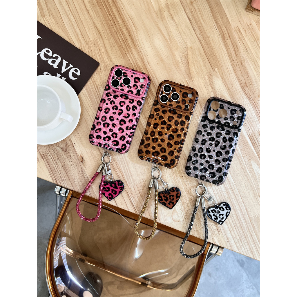 หรูหราเลื่อมเลเซอร์ไล่โทนสีเสือดาวพิมพ์สําหรับ iPhone 17 PRO MAX เคสโทรศัพท์กันกระแทกป้องกัน iPhone 15 16 PRO MAX สไตล์หวานประกายเพชรข้อมือเชือก IMD ออกแบบกรณี