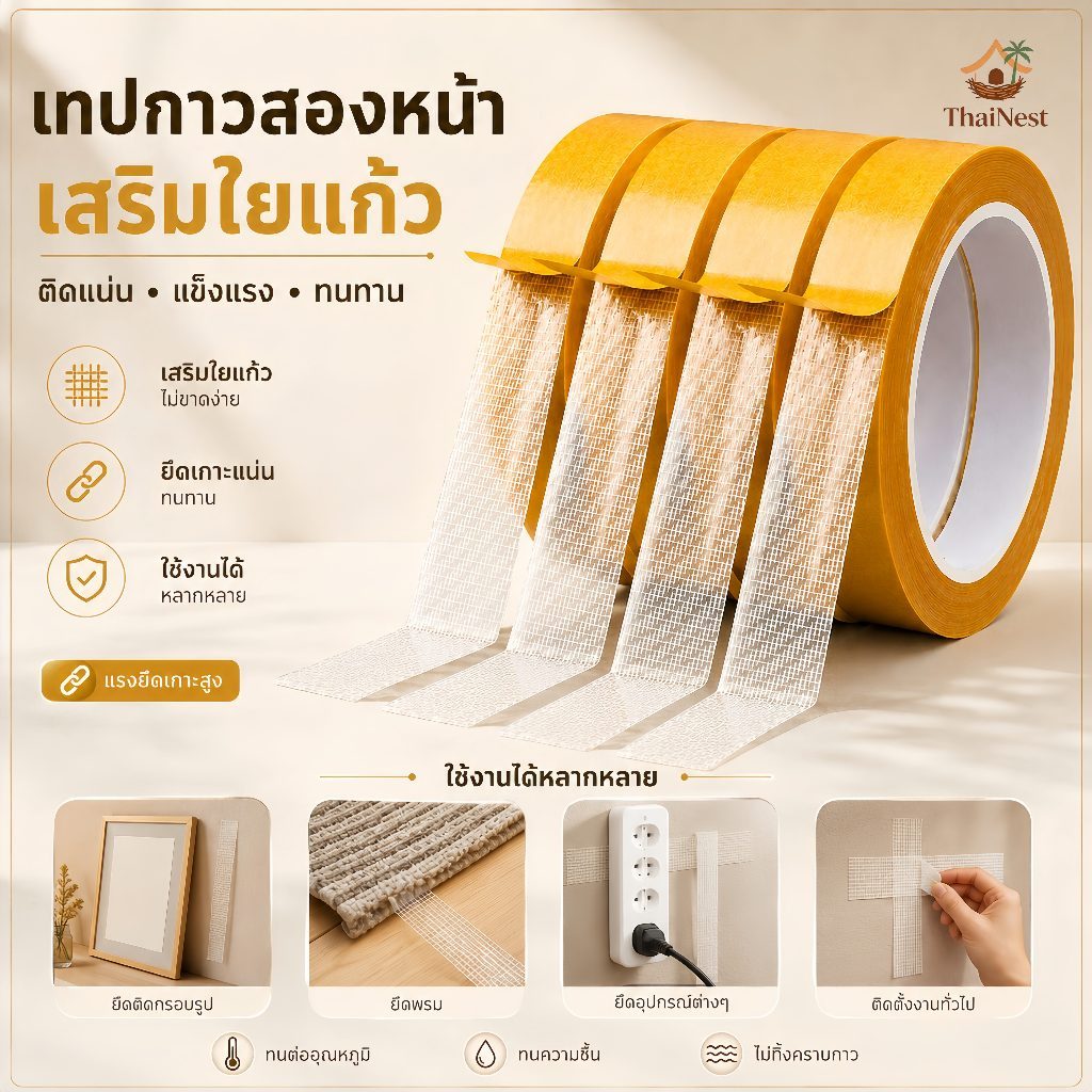 เทปความหนืดสูงตาข่าย10ม -การตรึงที่แข็งแกร่งเทปผ้าสองด้าน-เทปฐานผ้า-เทปกาวไฟเบอร์กริดกระจกไร้ร่องรอยกันน้ํา เทปติดพรม
