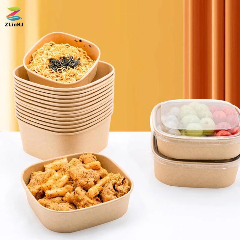 ZLinKJ กระดาษคราฟท์ทิ้งกล่องเบนโตะ 10 ชิ้นสแควร์พร้อมฝาปิดคอนเทนเนอร์อาหารกลางวันทนน้ํามันสําหรับงานปาร์ตี้จัดเลี้ยงตั้งแคมป์กลางแจ้งใช้ใหม่