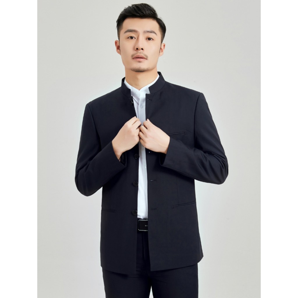 Zhongshan Suit Men Youth Slim-fit Chinese Stand-up Collar Casual Jacket Round Neck Chinese Top Tang 