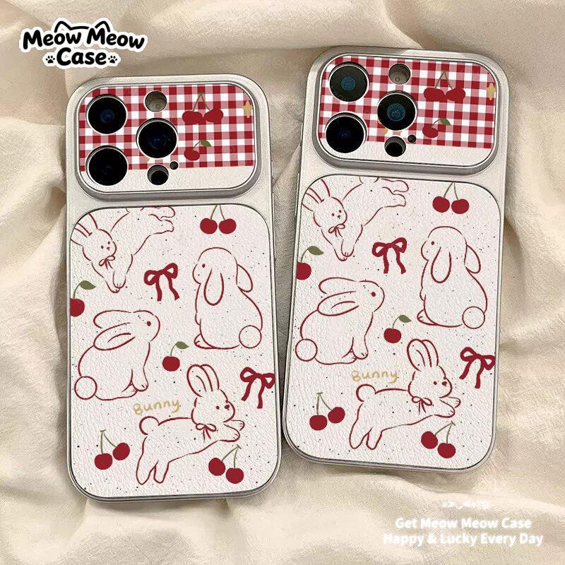 แปลงร่างเป็น iPhone 17 Pro Max เคสหนังสำหรับ iPhone 13 14 15 16 Pro Max Plus กระต่ายลายตารางหมากรุกสีแดง