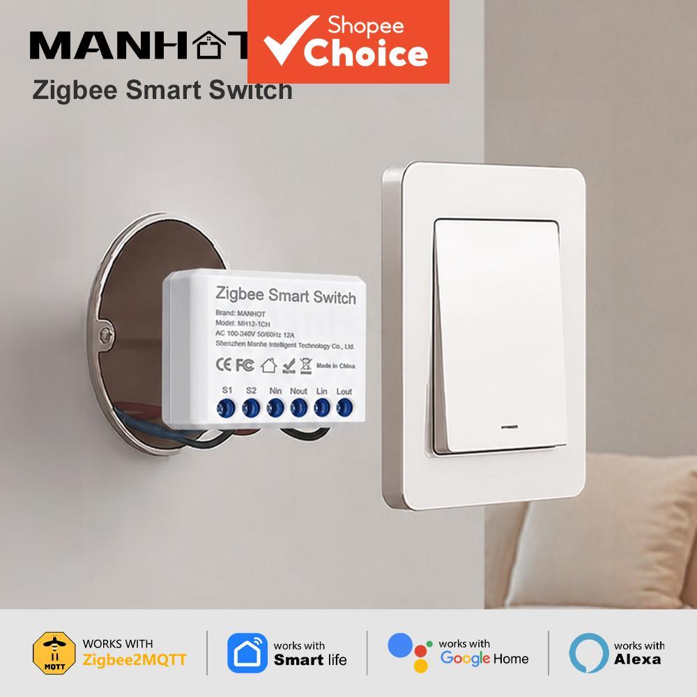 MANHOT โมดูลสวิตช์อัจฉริยะ Zigbee 3.0 12A สวิตช์อัจฉริยะแบบ DIY ควบคุมได้ 2 ทาง โมดูลเบรกเกอร์อัจฉริยะ ตั้งเวลาได้ รองรับ Tuya HA/Zigbee2MQTT