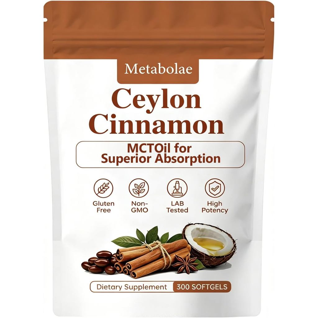Ceylon Cinnamon Capsules พร้อมน้ํามัน MCT เทียบเท่า ไม่ใช่จีเอ็มโอ ปราศจากกลูเตน 300 ซอฟท์เจล (1) 6O
