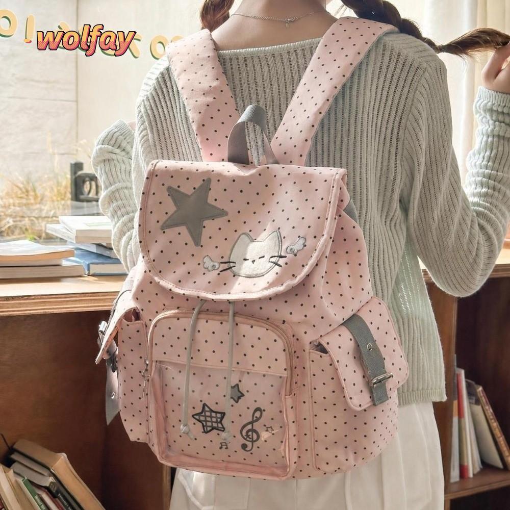 YOLANDA Ita Backpack, Polka Dot Sweet Cat Drawstring Backpack, Casual Large Capacity Nylon Travel Da