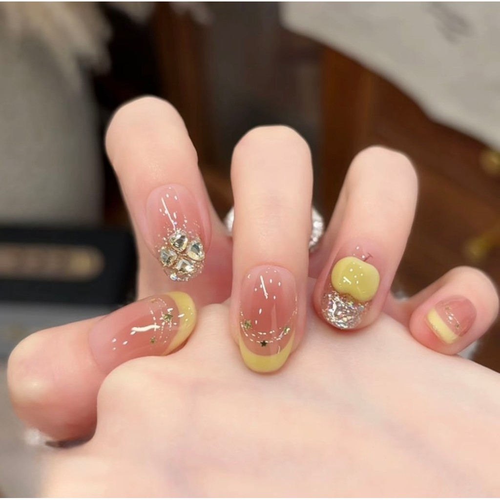 NZM [Green Apple Paradise] Spring Summer Milk Yellow French Green Apple Handmade Wearing Nail