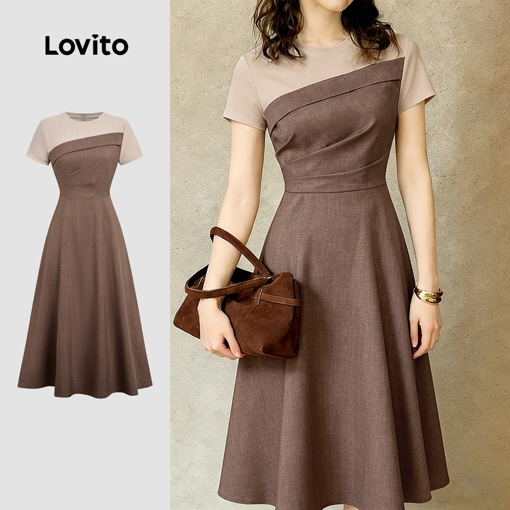 Lovito เดรสผู้หญิงสีน้ําตาลลายสีตัดแต่งจีบ สไตล์เรียบหรูสําหรับฤดูใบไม้ผลิ/ฤดูร้อน เกาหลี อินเทรนด์ L189AD119