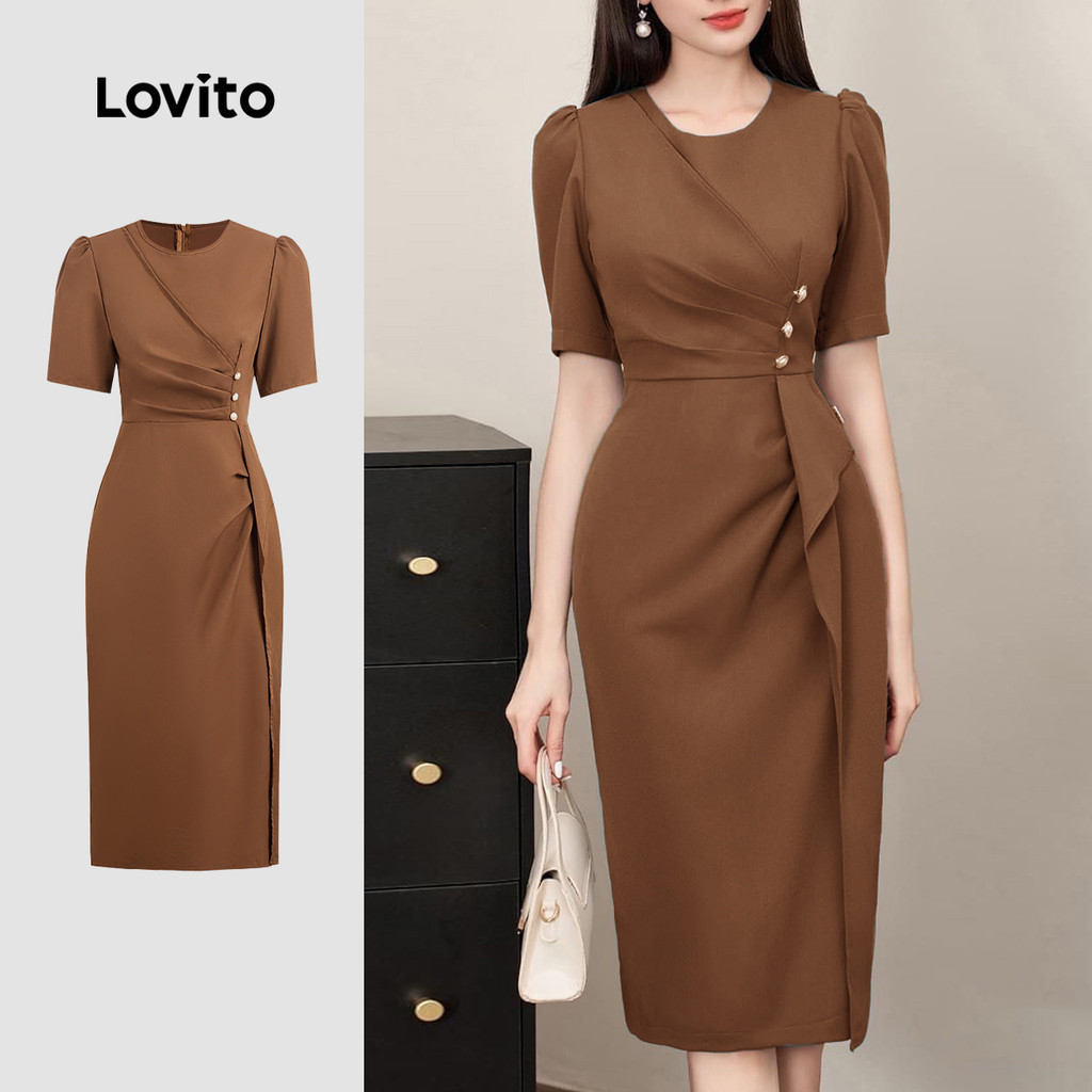 Lovito สง่างาม ชุดกระโปรงหรูหราแต่งระบายสำหรับฤดูใบไม้ผลิ/ฤดูร้อน สีน้ำตาล สำหรับผู้หญิง L150ED093