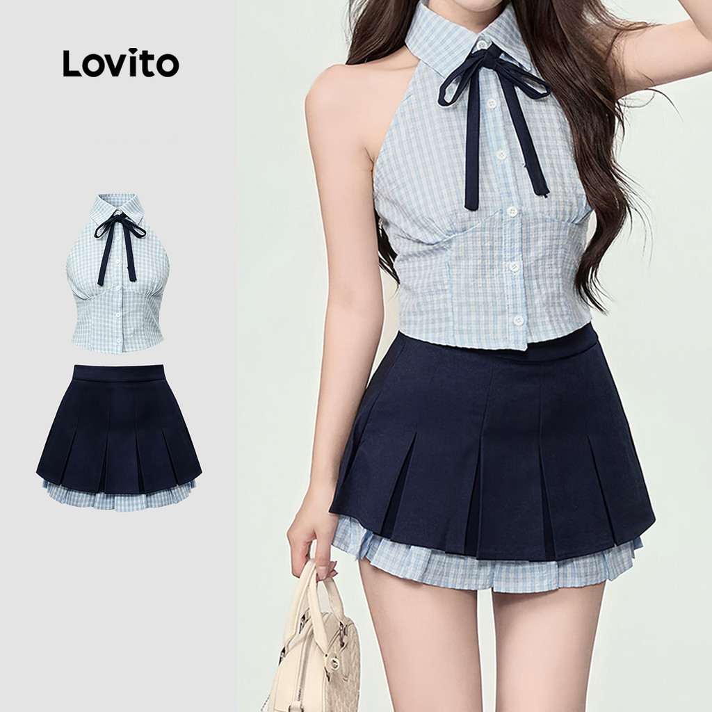 (New Arrival) Lovito เสื้อหรือกางเกงแขนกุดน่ารัก คอปกผูกโบว์ ดีไซน์จับจีบ สำหรับฤดูใบไม้ผลิ/ฤดูร้อน สำหรับผู้หญิง เกาหลี อินเทรนด์ LR41A112