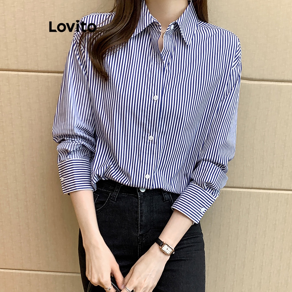 (สง่างาม) Lovito เสื้อลําลองเสื้อกระดุมแขนยาวลายทางสําหรับฤดูร้อนสําหรับผู้หญิง เกาหลี อินเทรนด์ LNA26184 (หลากสี)