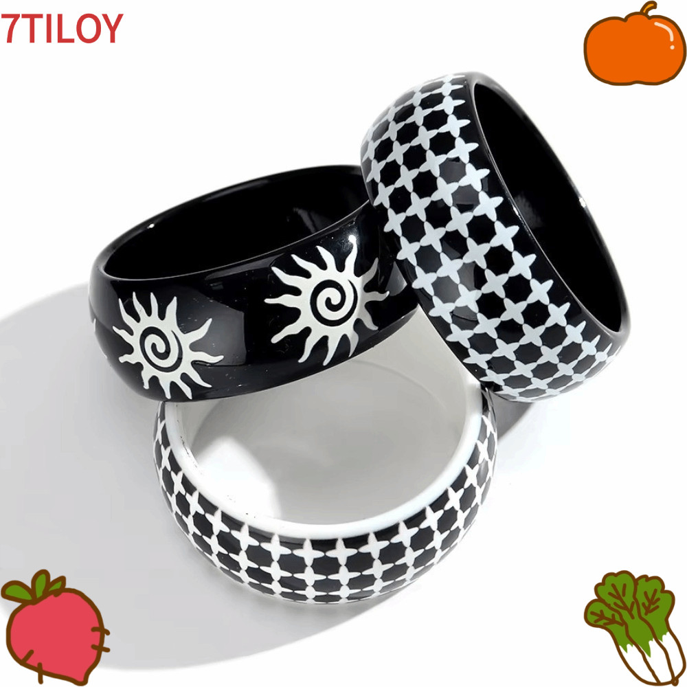7TILOYSHOP กําไลข้อมือกว้าง, ลายทางไม่สม่ําเสมอ สไตล์มินิมอล Chunky Stack Bracelet, Vintage Round Sh