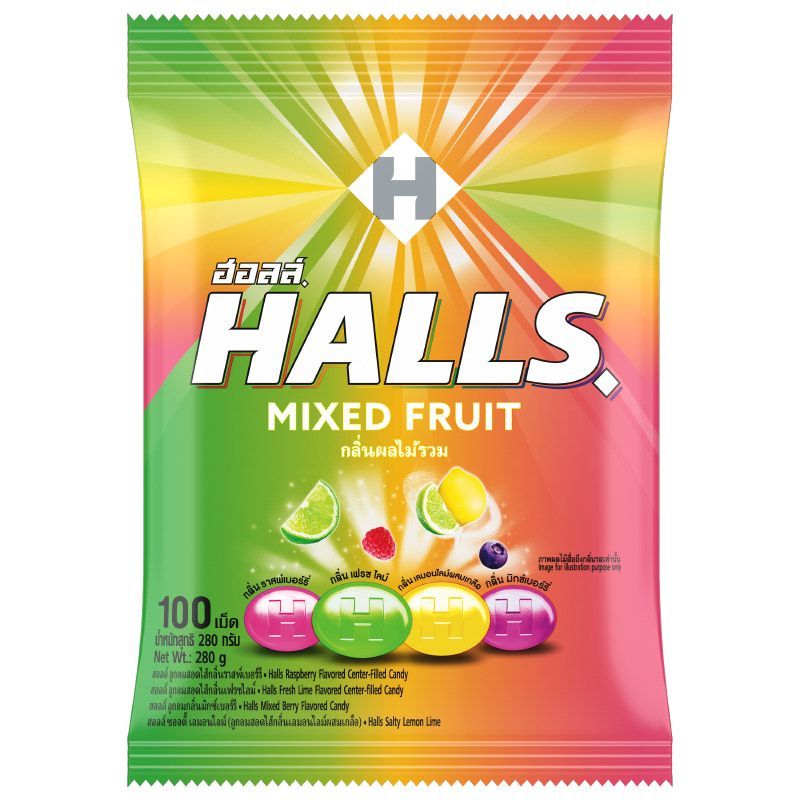 ฮอลล์ลูกอมสอดไส้กลิ่นผลไม้รวม 280กรัม Halls Mixed Fruit Candy Bag 280g. [หมายเลขบาร์โค้ด 7622201723538]