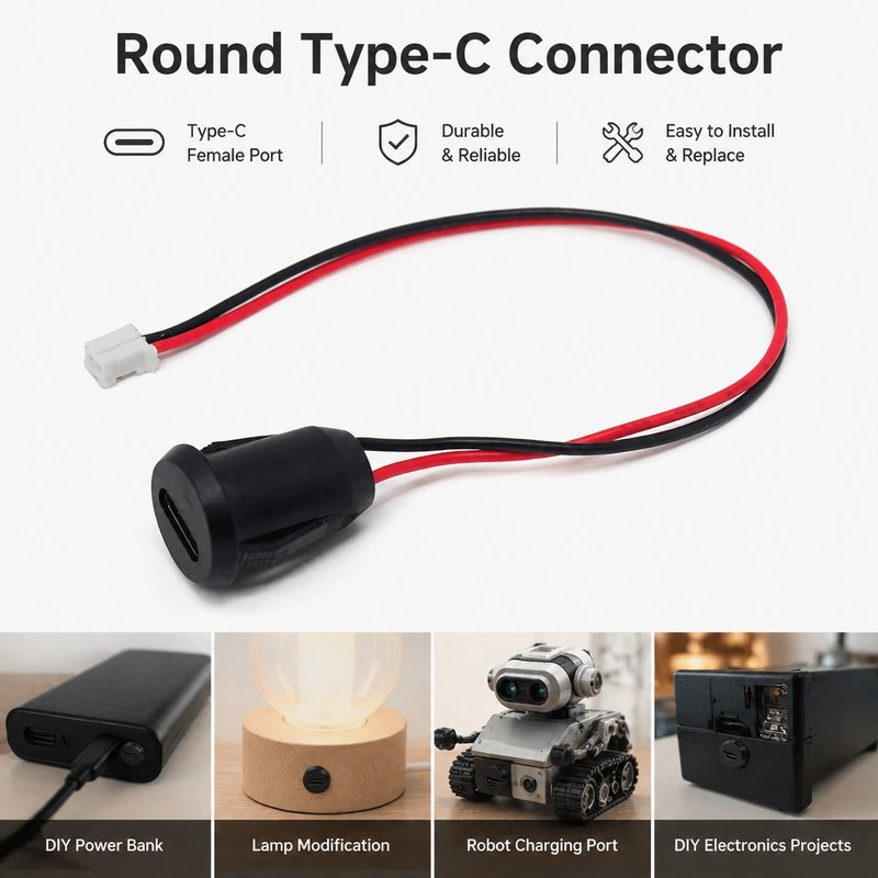 ขั้วต่อ USB-C ตัวเมียแบบกลม แจ็ค Type-C ตัวเมีย PH2.0 พร้อมสาย 2 พิน รองรับ 5V 3A สำหรับติดตั้งช่องร