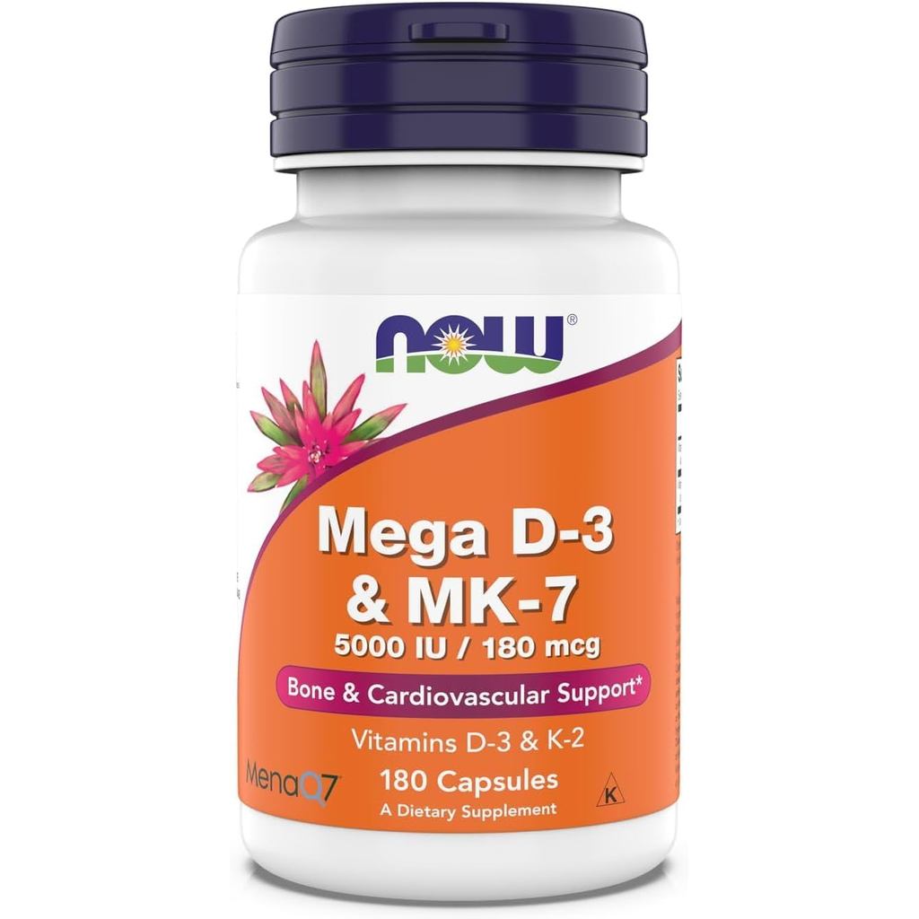 Now อาหารเสริม Mega D-3 & MK-7, 5000 IU / 180 mcg, รองรับกระดูกและหลอดเลือด*, วิตามิน K-3 & K-2, 180