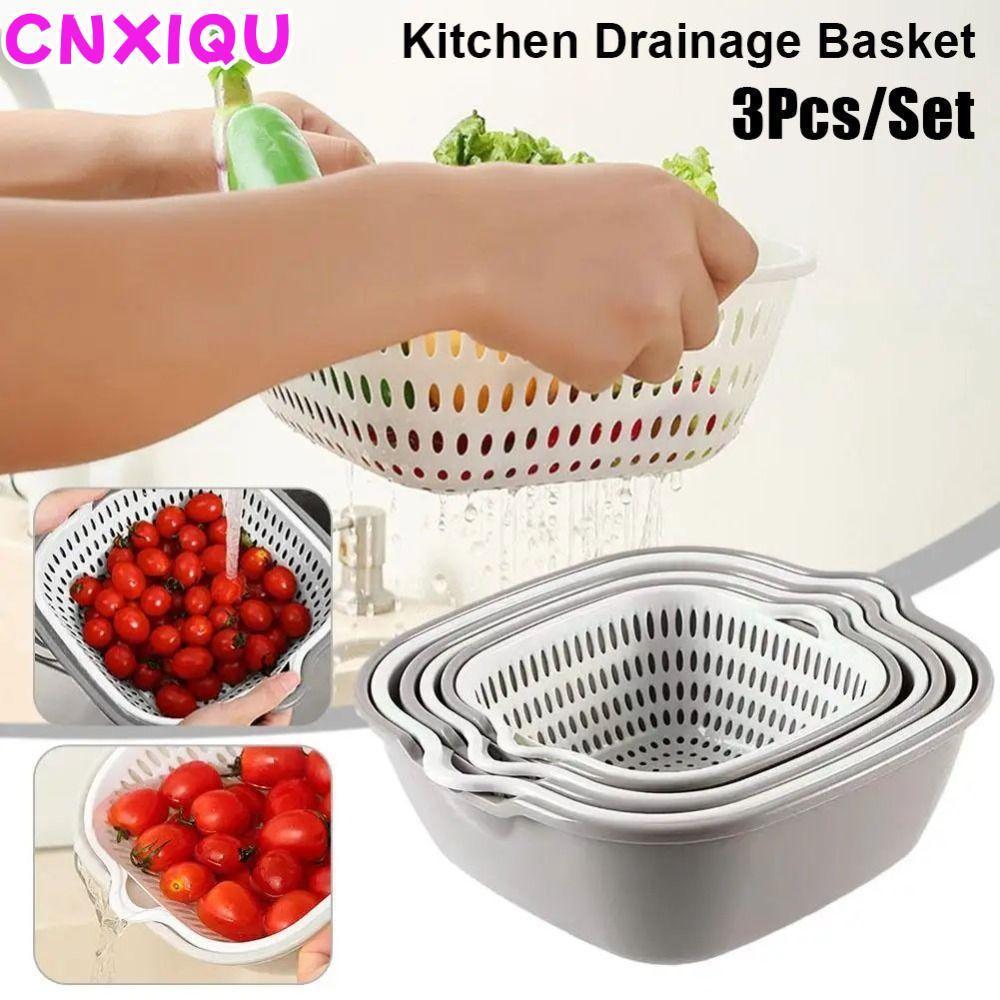 CNXIQU 3 ชิ้น/เซ็ตผักผลไม้ Drainer, พลาสติกมัลติฟังก์ชั่ตะกร้าระบายน้ํา, ทนทาน Double-Layer Stackable อ่างล้างหน้าอาหารซักผ้า