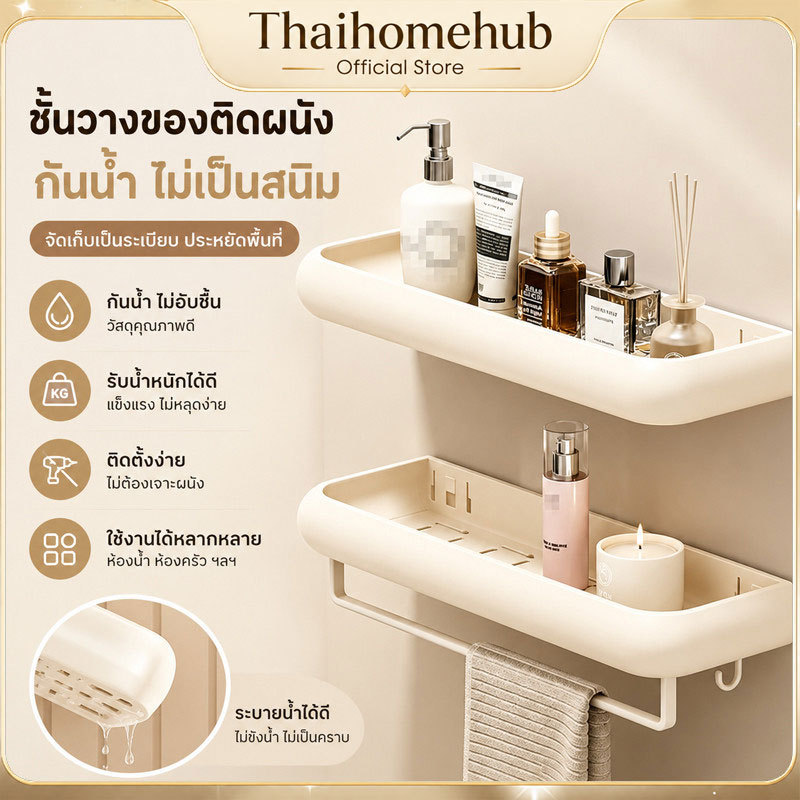 ชั้นวางของในห้องน้ำ สีครีม ติดตั้งง่ายไม่ต้องเจาะรูผนัง ประหยัดพื้นที่ ทนทาน สไตล์มินิมอล