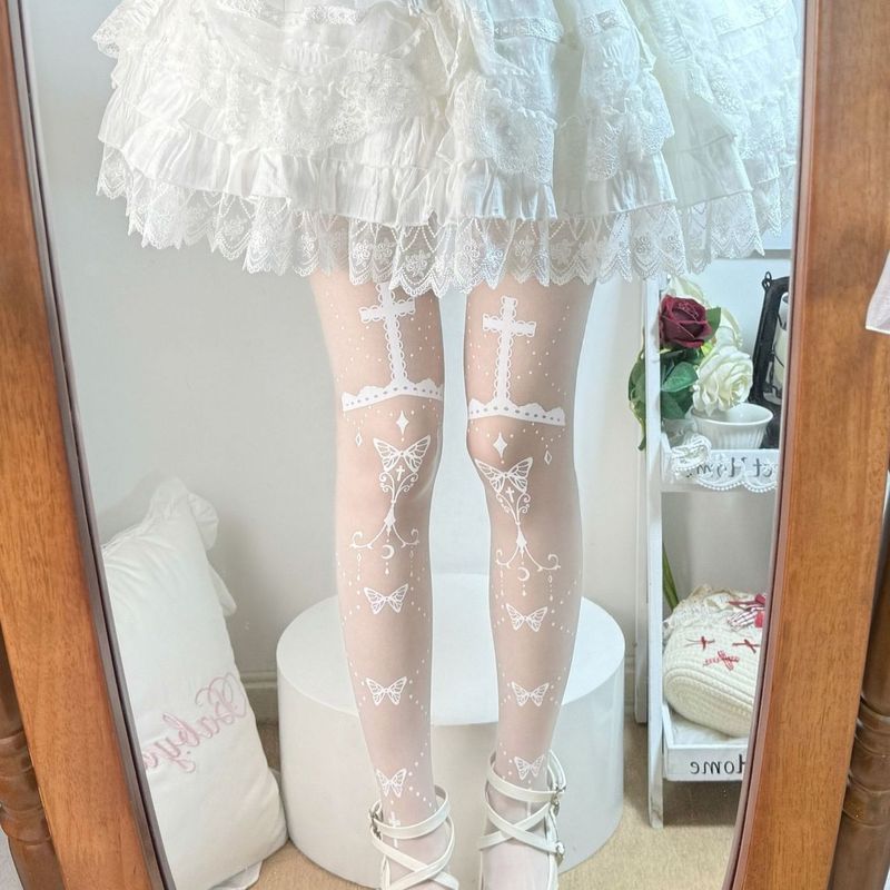 2026新款纯欲十字架蝴蝶印花连裤袜* 女显瘦百搭Lolita白丝袜Sweet Lolita Lolita Pantyhose Lolita Socks French Palace Style