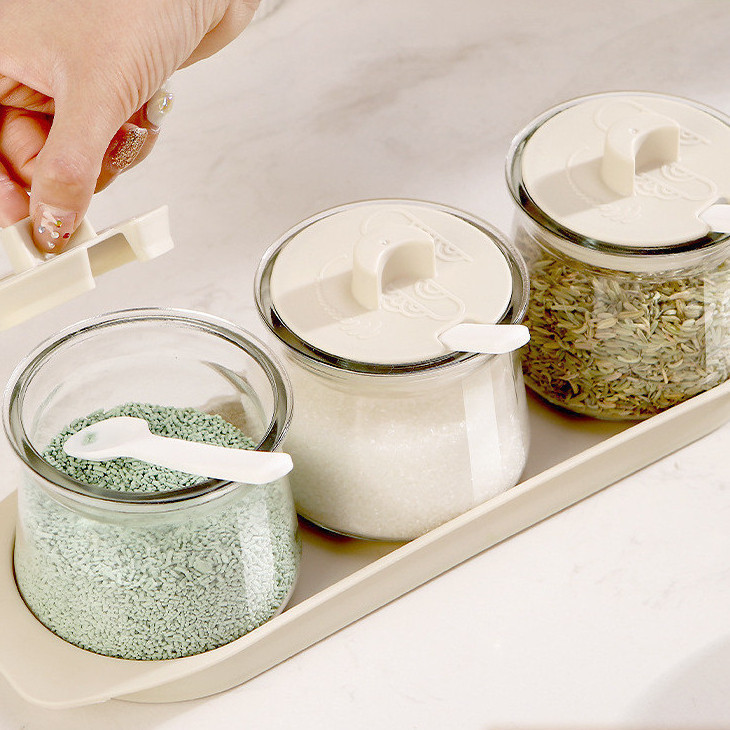 Glass Seasoning Jar Combination Kitchen Supplies Seasoning Jar with Lid and Spoon Seasoning Box Set