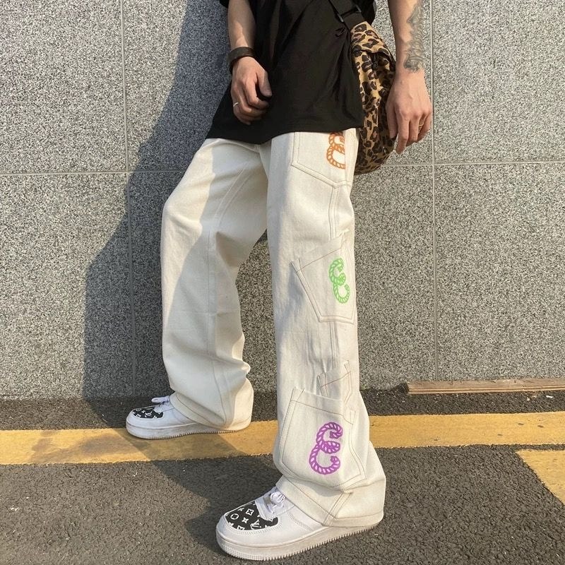 High Street American Street vibe กางเกงกางเกงยีนส์สีขาวหลวมตรงกางเกงผู้ชายผู้หญิง Street Wear