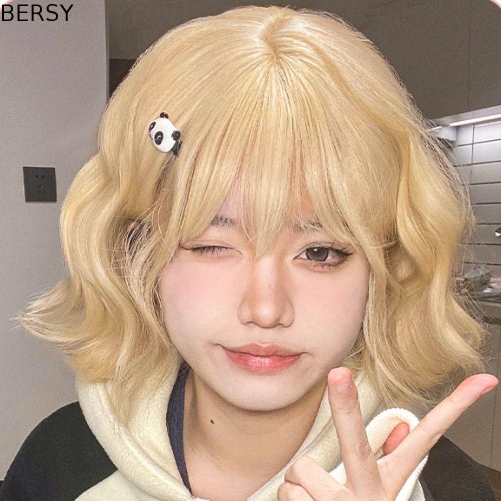 BESY ผู้หญิง Bob Wigs, เส้นใยทนความร้อนสีบลอนด์สั้น Wavy Wigs, Breathable สีน้ําตาลสุภาพสตรี Curly W