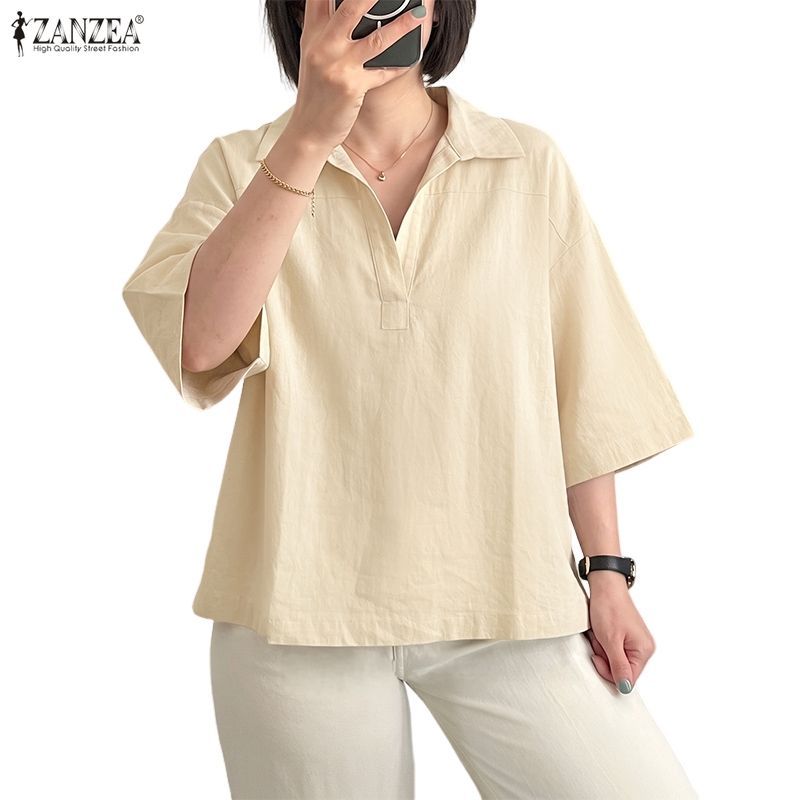 ZANZEA ผู้หญิงเกาหลีปกลําลอง Five-Quarter Sleeve Half Placket เสื้อหลวม
