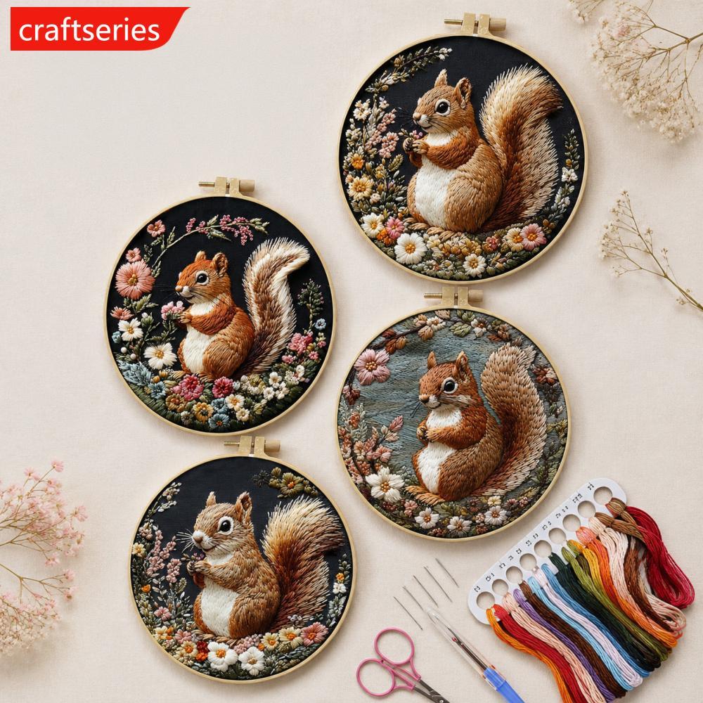 CRAFTSERIES กระรอกชุดเย็บปักถักร้อยสําหรับผู้เริ่มต้น Pre-Printed DIY Craft ชุด Hoop Handmade Craft 