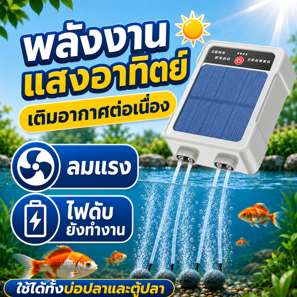 ปั๊มลมเติมออกซิเจนสำหรับตกปลา พลังงานแสงอาทิตย์ 4 ช่อง แบตเตอรี่ในตัว ใช้งานกลางแจ้งและตู้ปลา