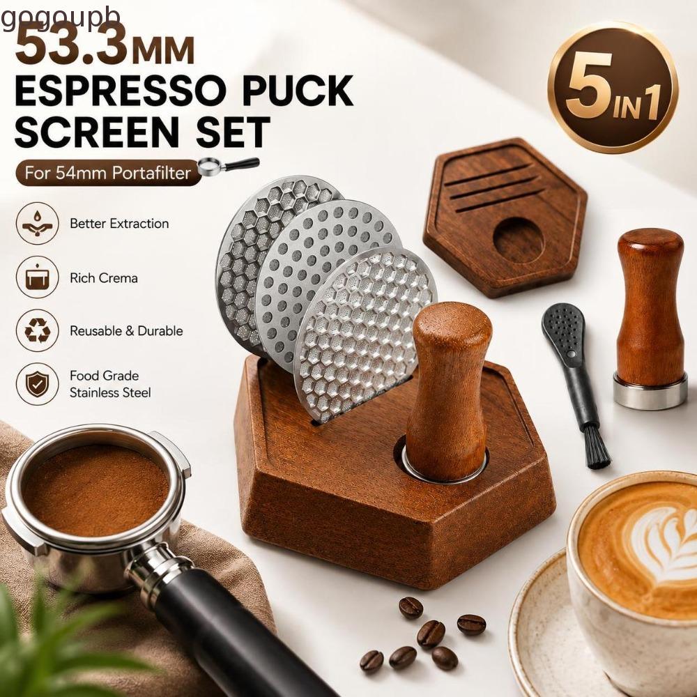 GOGOUMY Espresso Puck Screen Kit, Sapele Wood Stand Magnetic Pickup Coffee Puck Screen Set, แปรงไนลอ