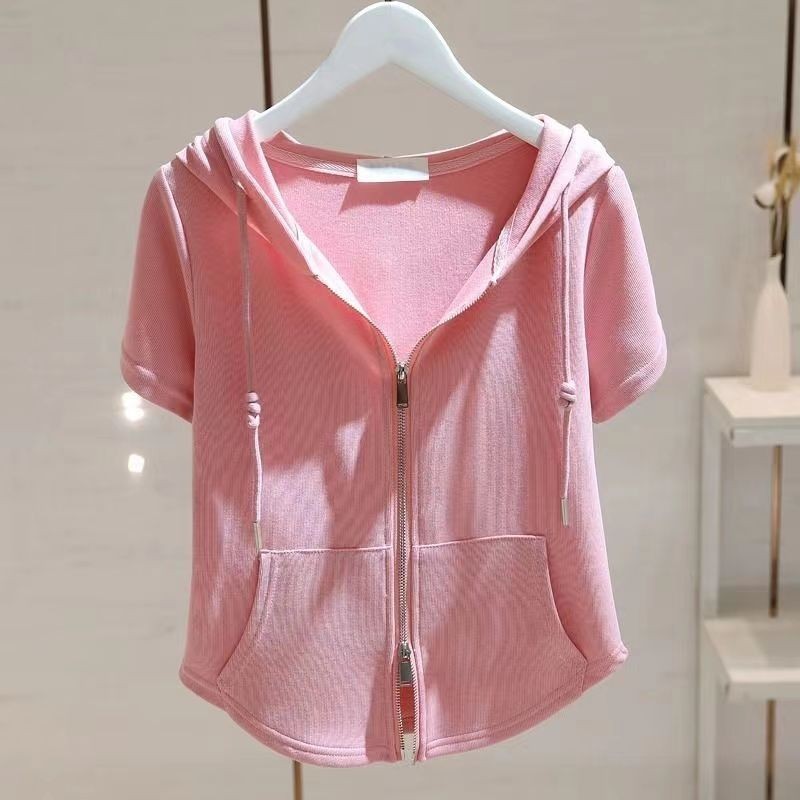 [ks1134.th] ฤดูร้อนสไตล์ใหม่Hoodedแขนสั้นออกแบบNiche PlusขนาดSlimmerดูTop Lowerซิปเสื้อสเวตเตอร์ถักผ