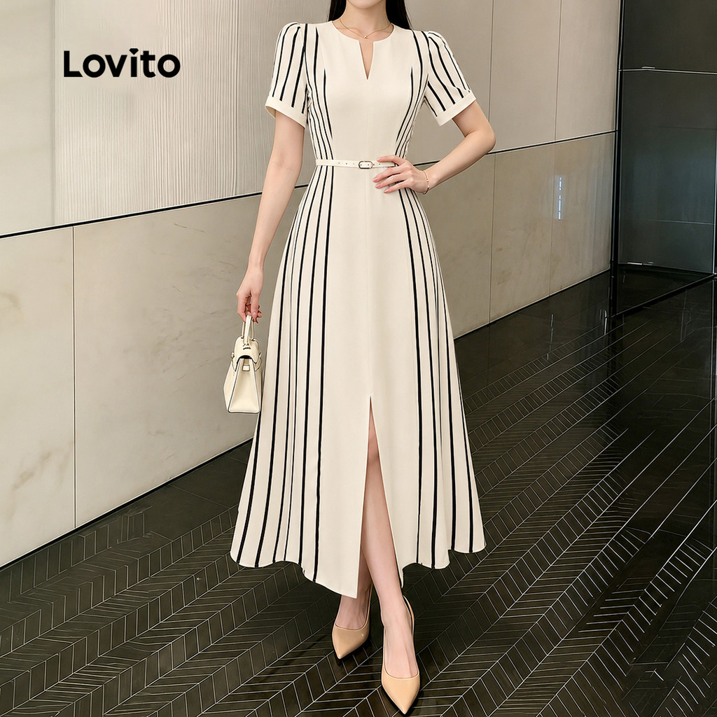 Lovito فستان نسائي مقلّم بسحاب طويل — صورة 4