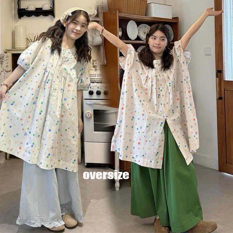 Dahong 99543/45 เสื้อลายจุดทรงหลวม แขนสั้น ความยาวปานกลาง + กางเกงทรงหลวมขาบาน