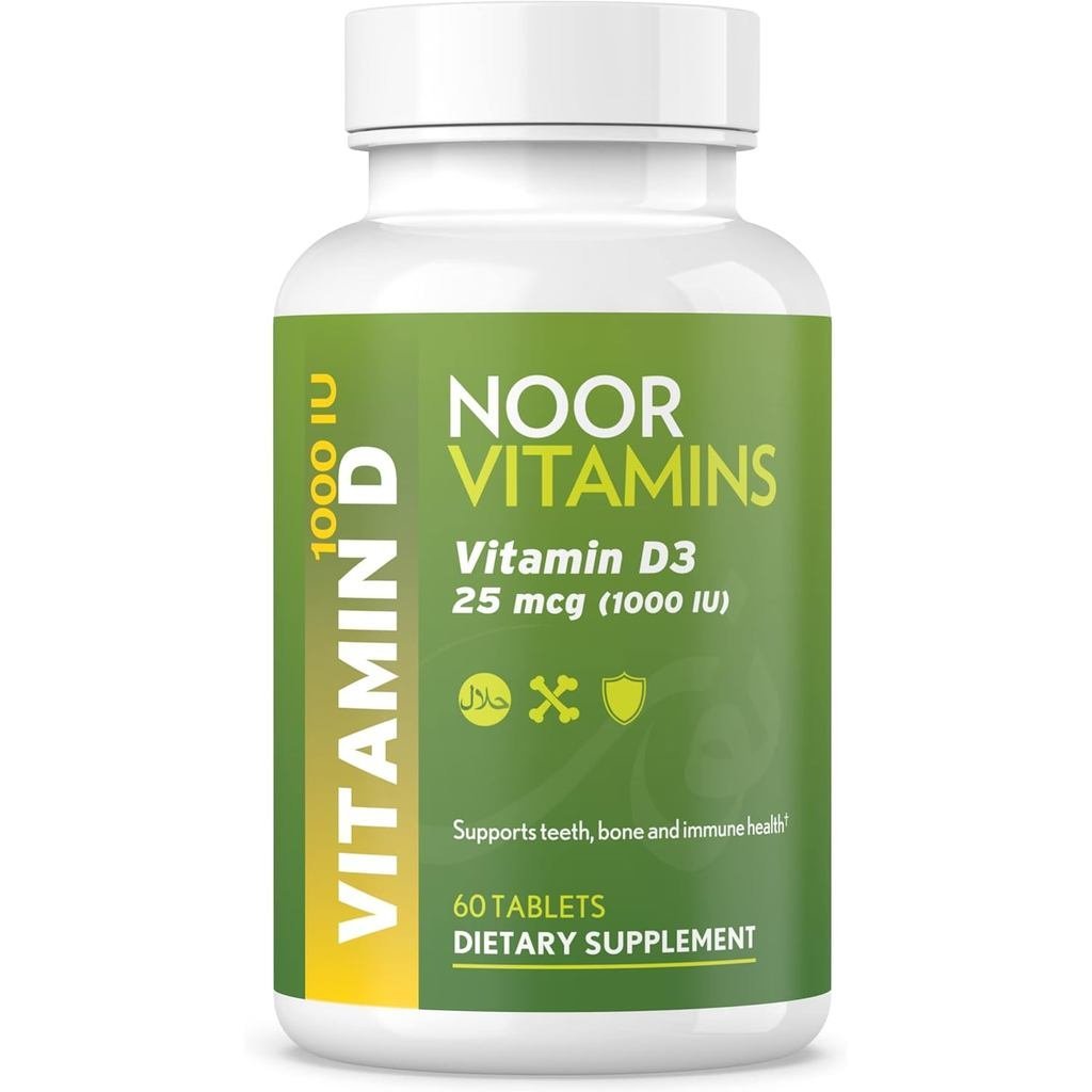 Noor Vitamins Halal Vitamin D, Halal Vitamin D3, 1000 IU Tablet, รองรับกระดูก, Immune & Heart, Non-G