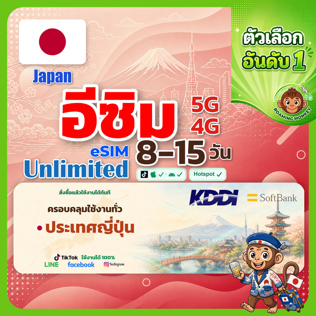 [eSIM] Japan 4G/5G 8-15 วัน RoamingMonkey ซิมญี่ปุ่น ท่องเที่ยว ญี่ปุ่น เครือข่าย SoftBank DOCOMO