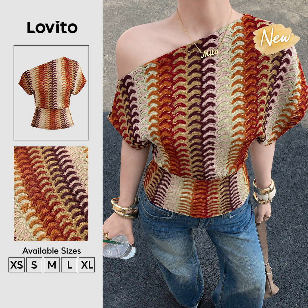 (New Arrival) Lovito เสื้อยืดผู้หญิงลำลองผ้าแจ็กการ์ด แขนกุด คออสมมาตร ลายทางสีรุ้ง สำหรับฤดูใบไม้ผล