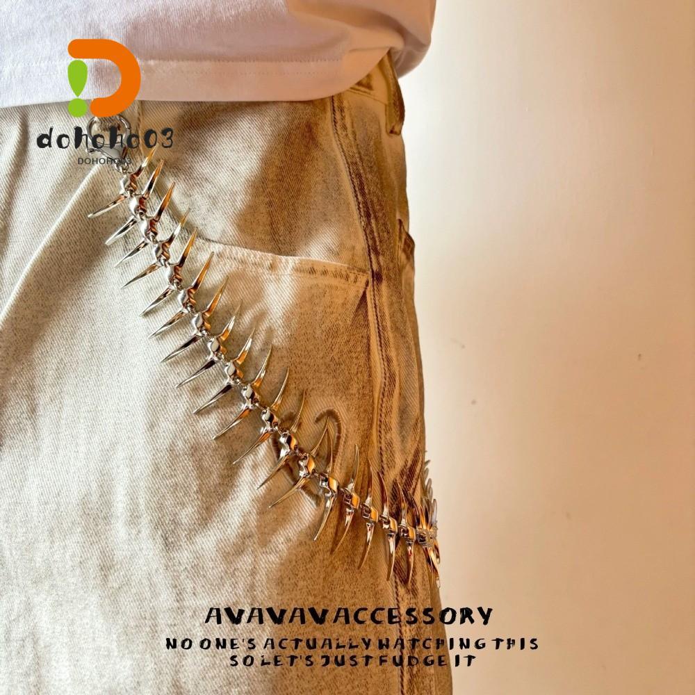 DOHOHPH โซ่เอว, เครื่องประดับโลหะ Jean Pant Chain, Alt Fashion Spike Fishbone Wallet พวงกุญแจ Jean P