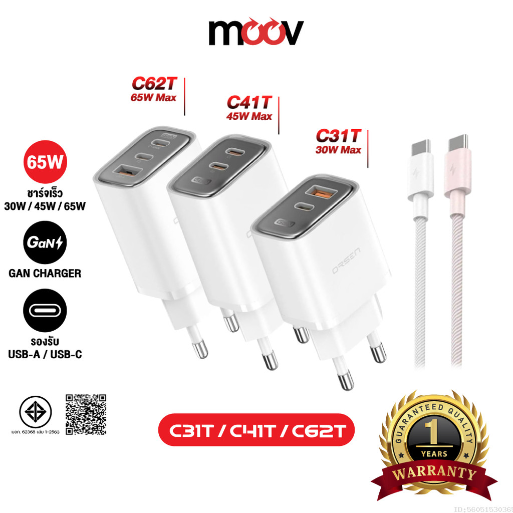 [ส่งไว] Orsen by Eloop C31T C41T C62T Combo หัวชาร์จเร็ว GaN 30W 45W 65W อแดปเตอร์ Type C มอก. Adapt