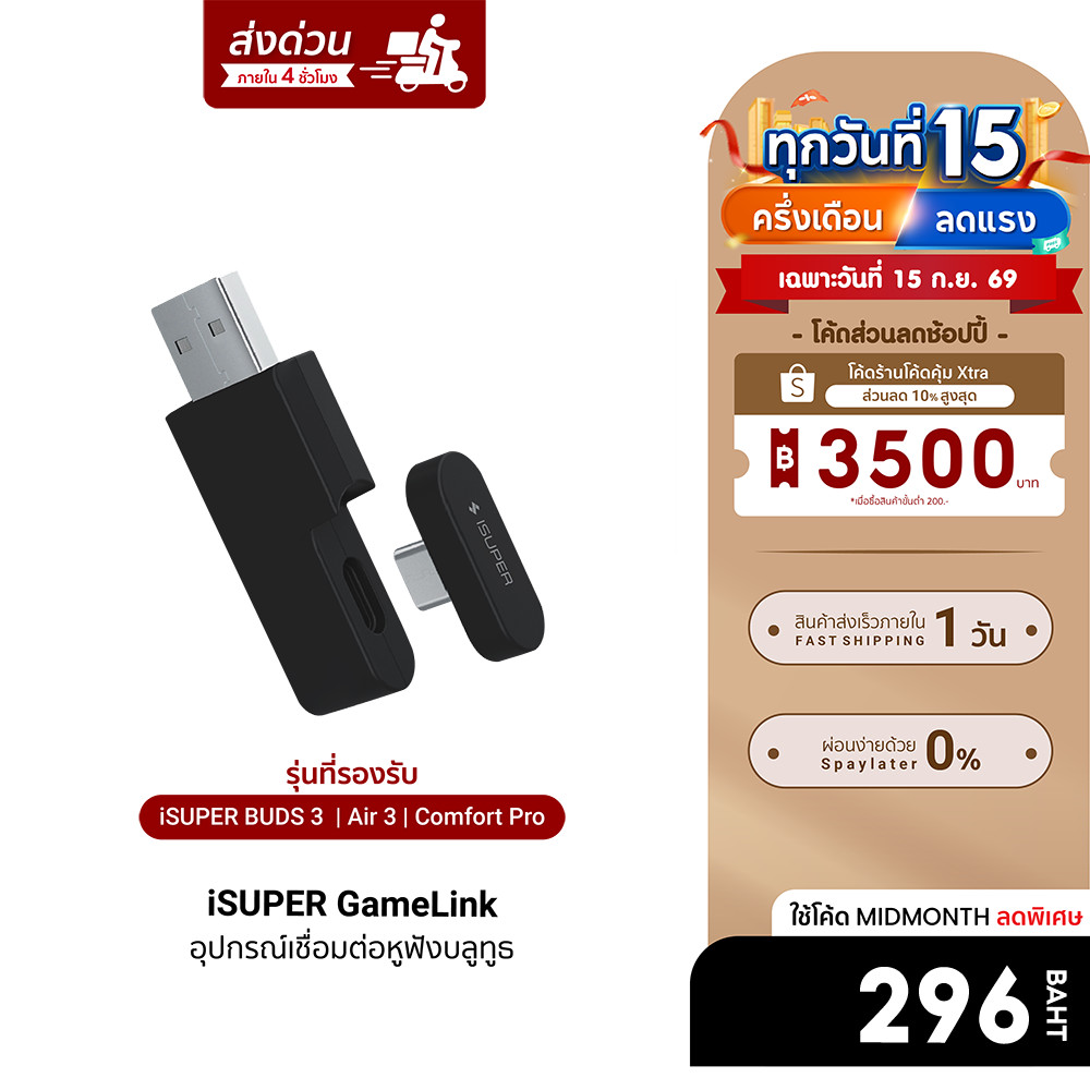 [ลดเหลือ 296] iSUPER GameLink Adapter Dongle อุปกรณ์เสริมหูฟัง Game Mode ลดดีเลย์ 20ms เล่นเกม ดูหนั