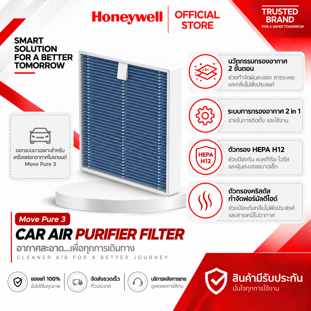 Honeywell Move Pure 3 Car Air Purifier Filter ไส้กรอง เครื่องฟอกอากาศในรถยนต์ HEPA H12 ขจัดฝุ่น PM 2.5 กลิ่นอับ